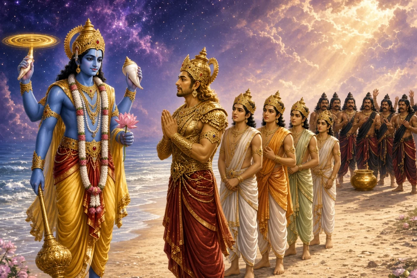 Vishnu calms Indra and the gods while the asuras quarrel over the pot up the beach