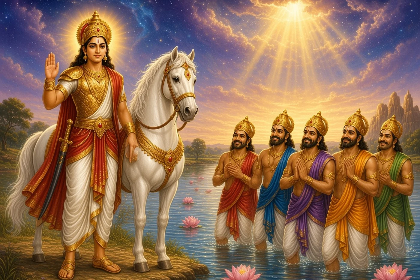 The kings come up out of the river Reva as men again while Kalki watches