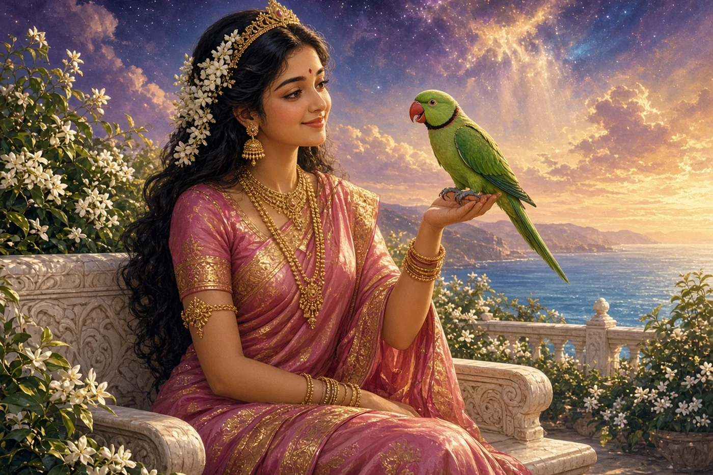 The green parrot Shuka tells Princess Padmavati about Kalki in her garden