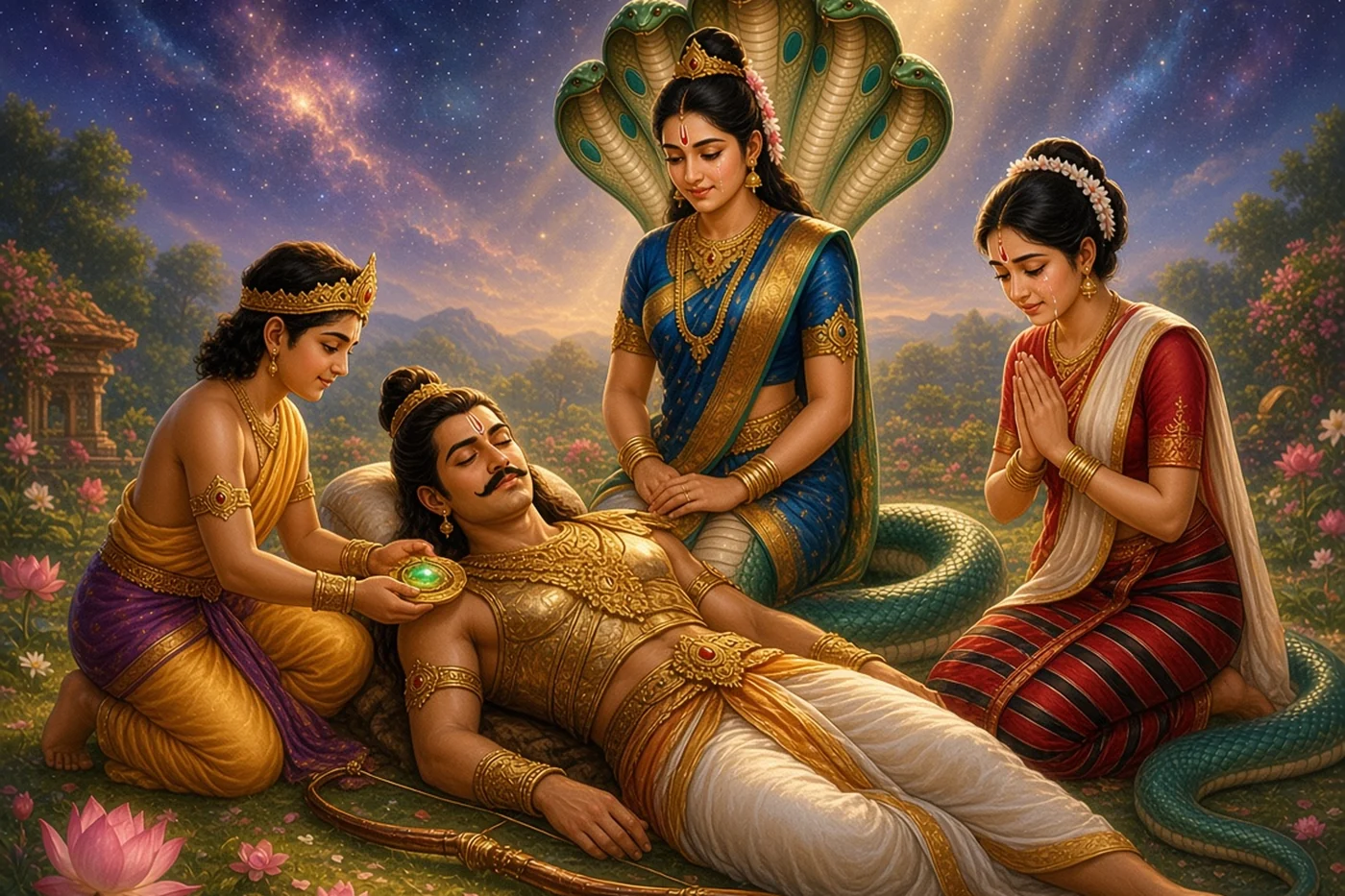 Babhruvahana lays the naga gem on Arjuna's chest and his father opens his eyes