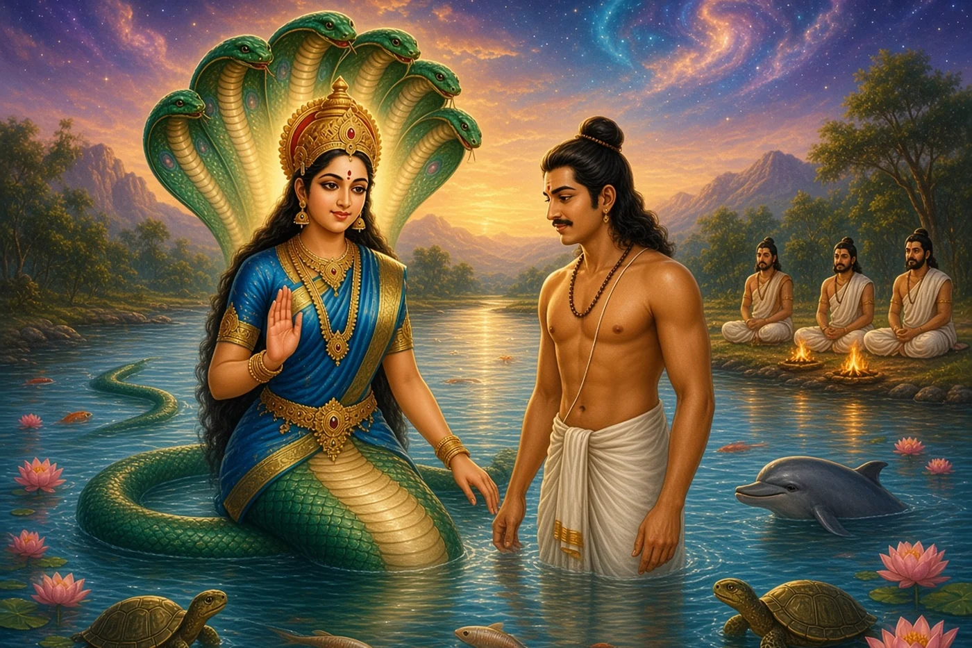 At sunrise Ulupi blesses Arjuna in the Ganga as fish and turtles gather round him