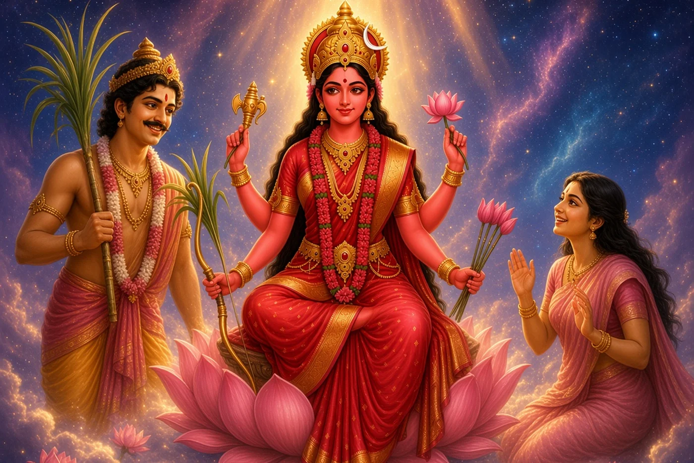 With one side glance from Lalita, Kama is born again before the grieving Rati