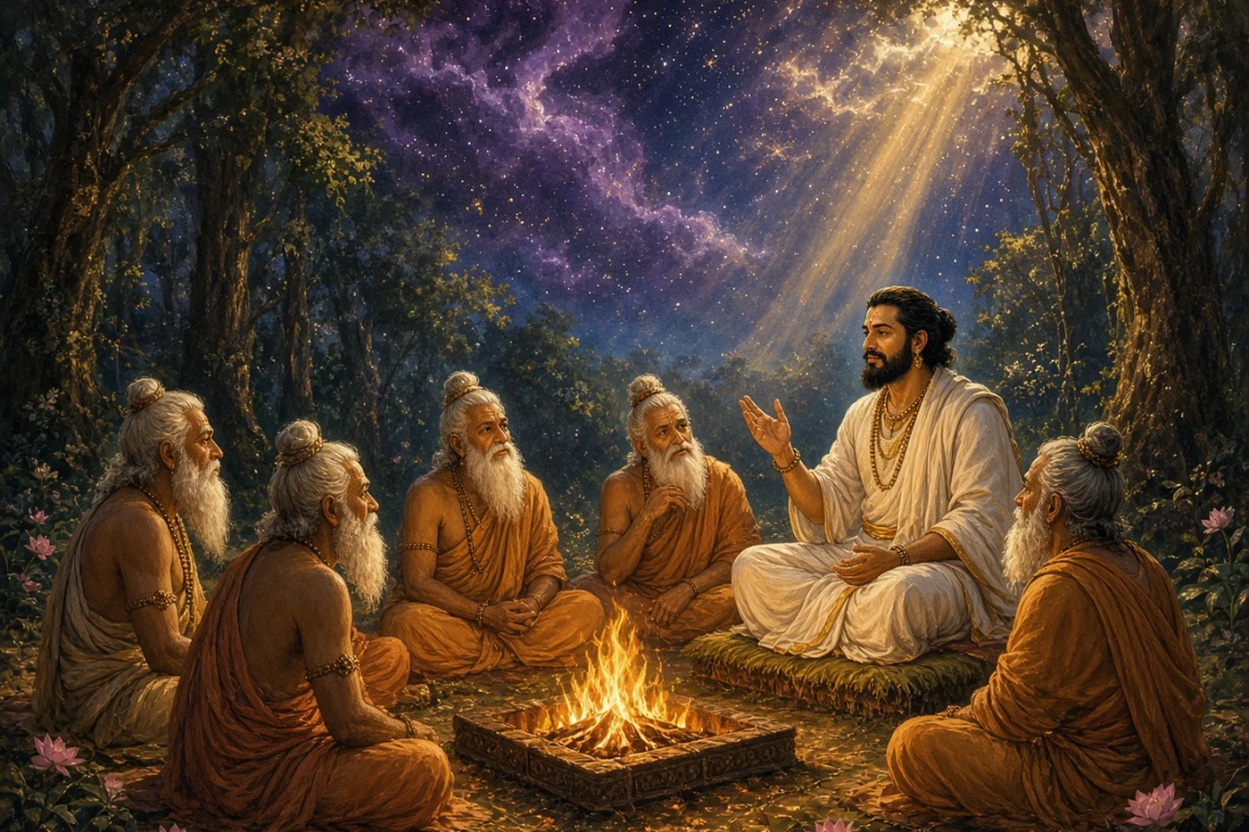 In the Naimisha forest the storyteller Suta speaks to the sages beside their fire