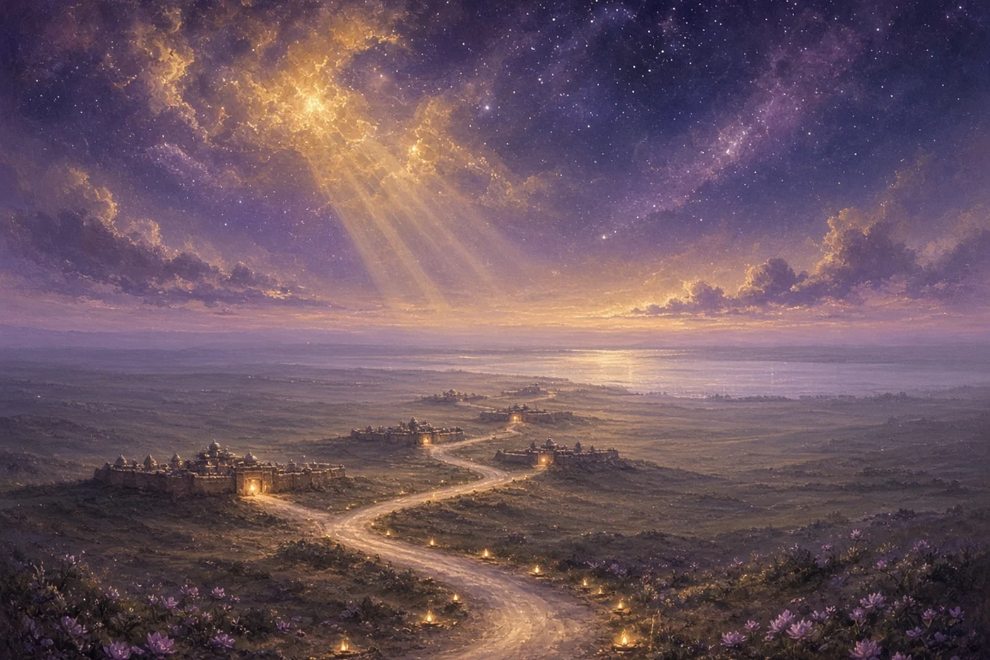 The long road of Yama winds past little lamp-lit cities toward a far river