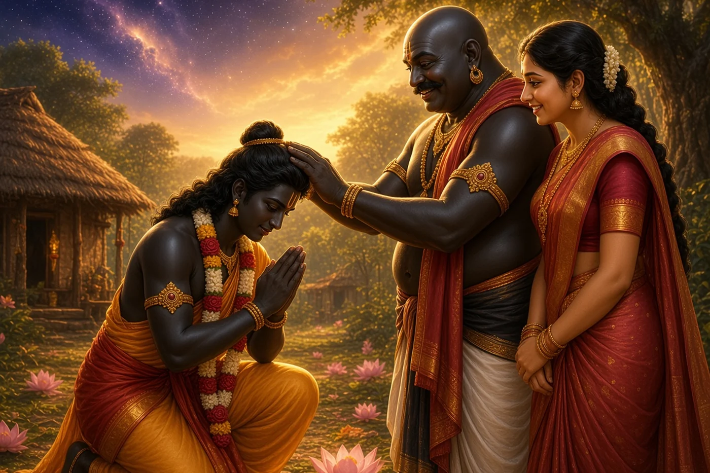 The newborn Barbarika, already grown, bows to Ghatotkacha and his mother