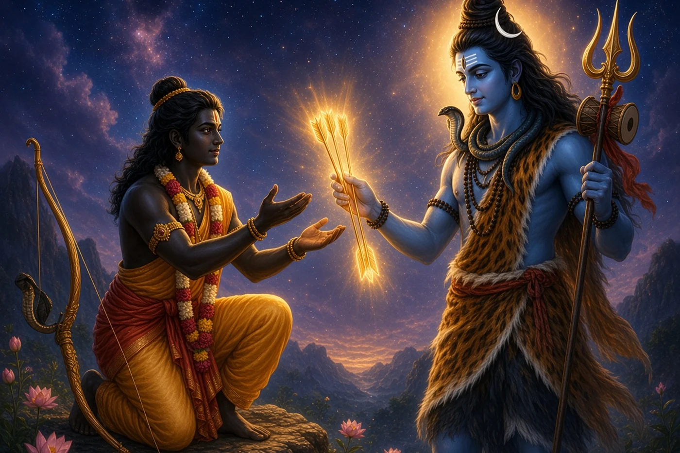 Shiva appears before Barbarika and gives him three arrows that cannot fail