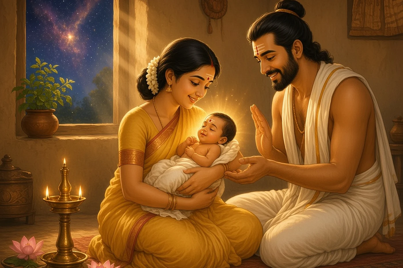 The brahmin Vishnuyasha and his wife hold baby Kalki in their village home
