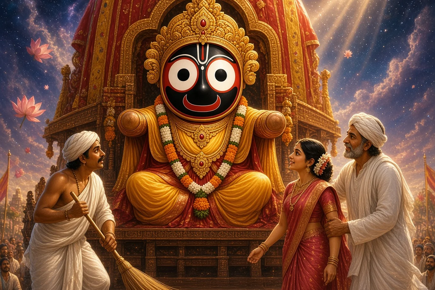 The princess of Kanchi is led to the king as he sweeps with a golden broom