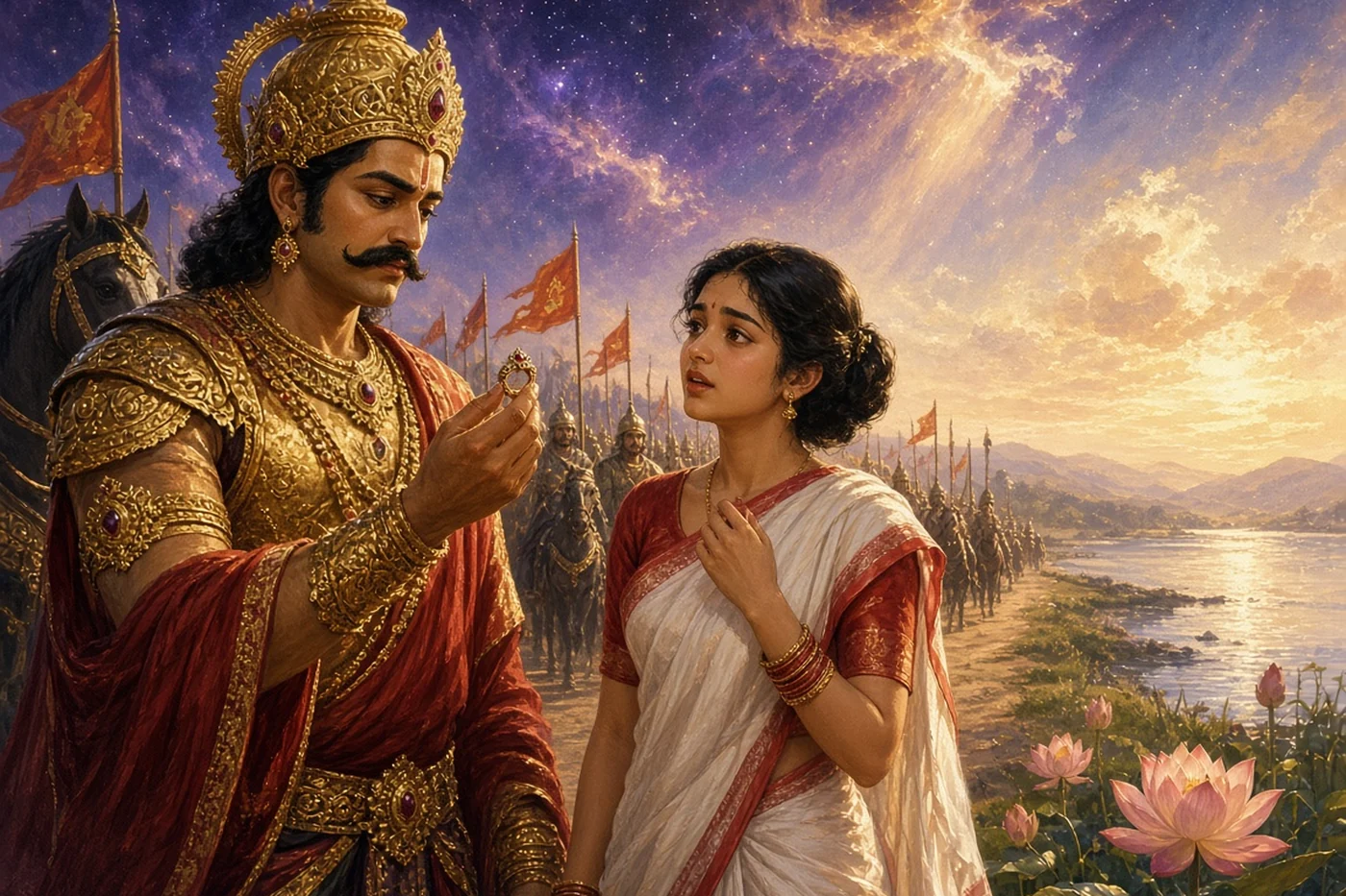 King Purushottama stares at Jagannath's ring as the milkmaid Manika stands before him