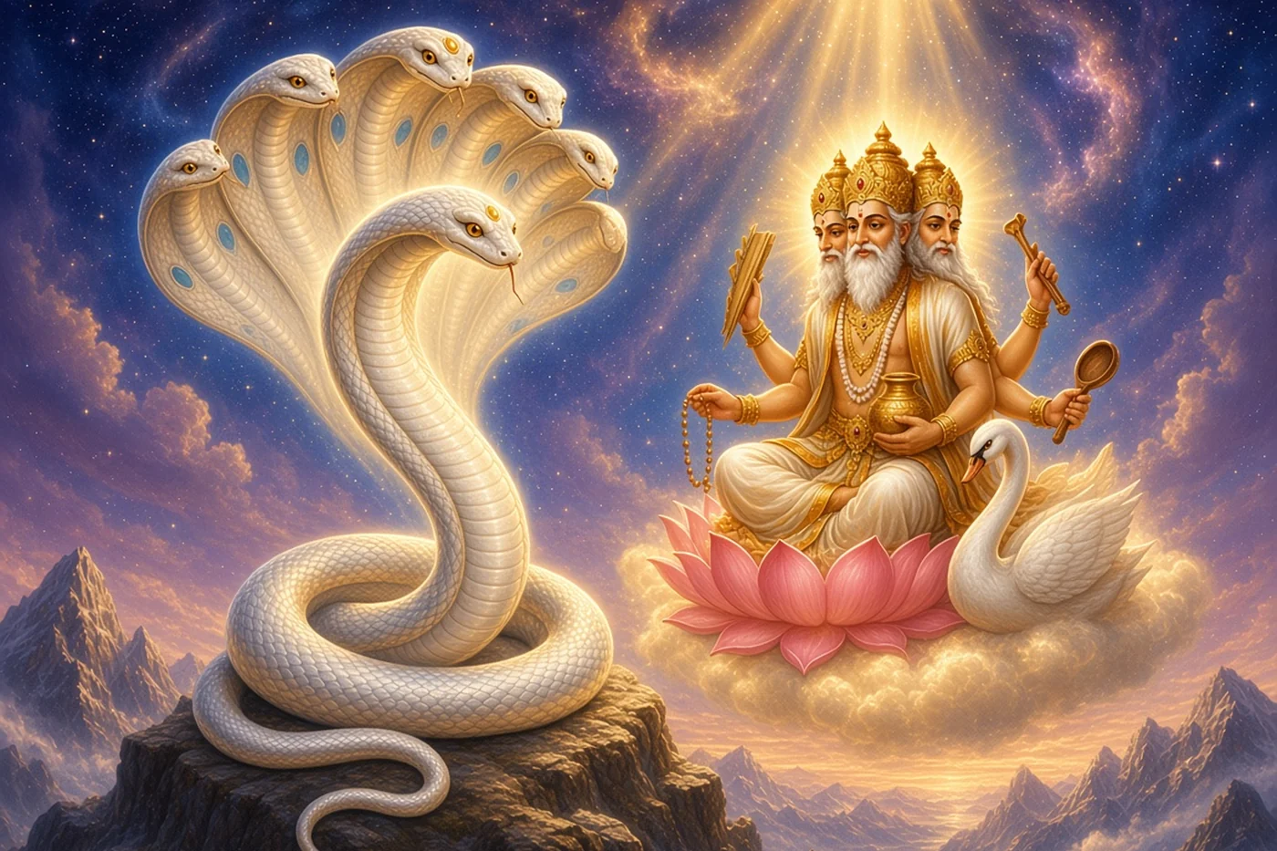 Brahma comes on his lotus to Shesha, coiled thin and still in penance on a mountain