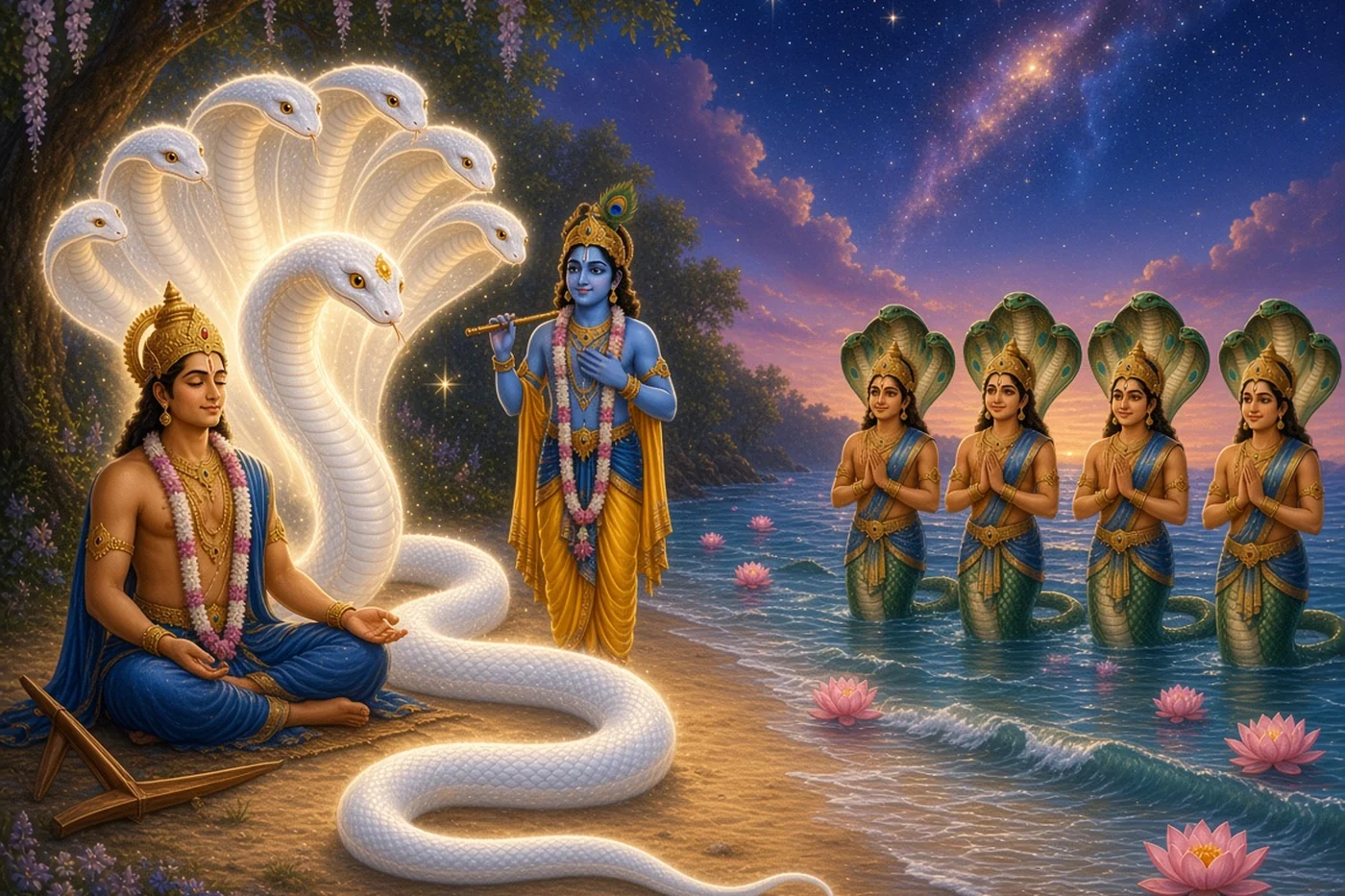 A white serpent of light leaves Balarama and goes into the sea, where nagas greet it