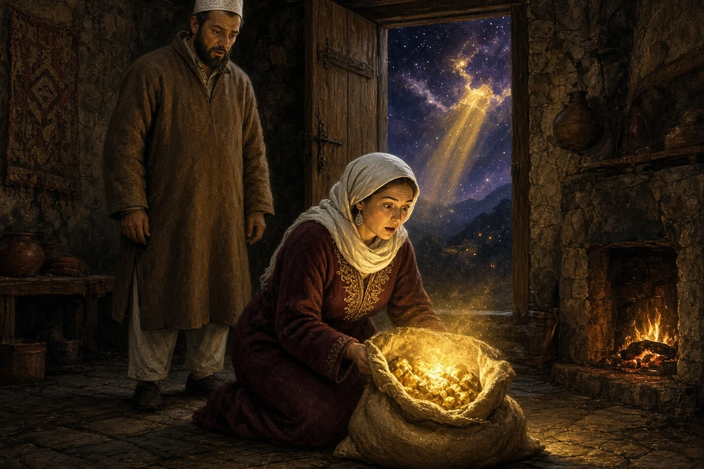 Buta's wife opens the sack by the hearth and finds the coal turned to gold