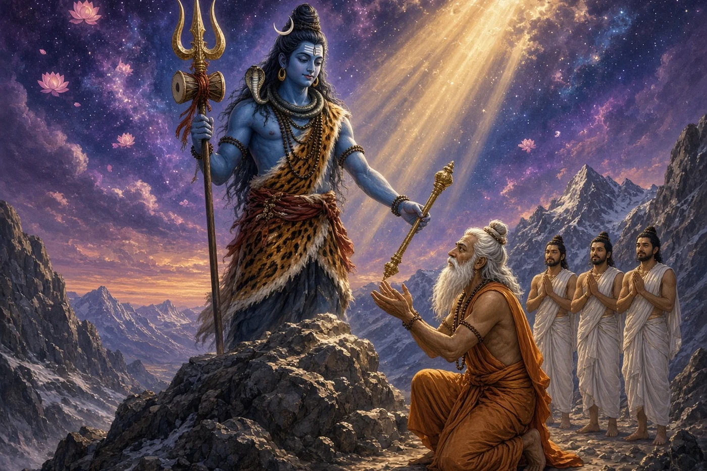 Shiva gives the old sage Bhringesha a golden mace on a mountain pass