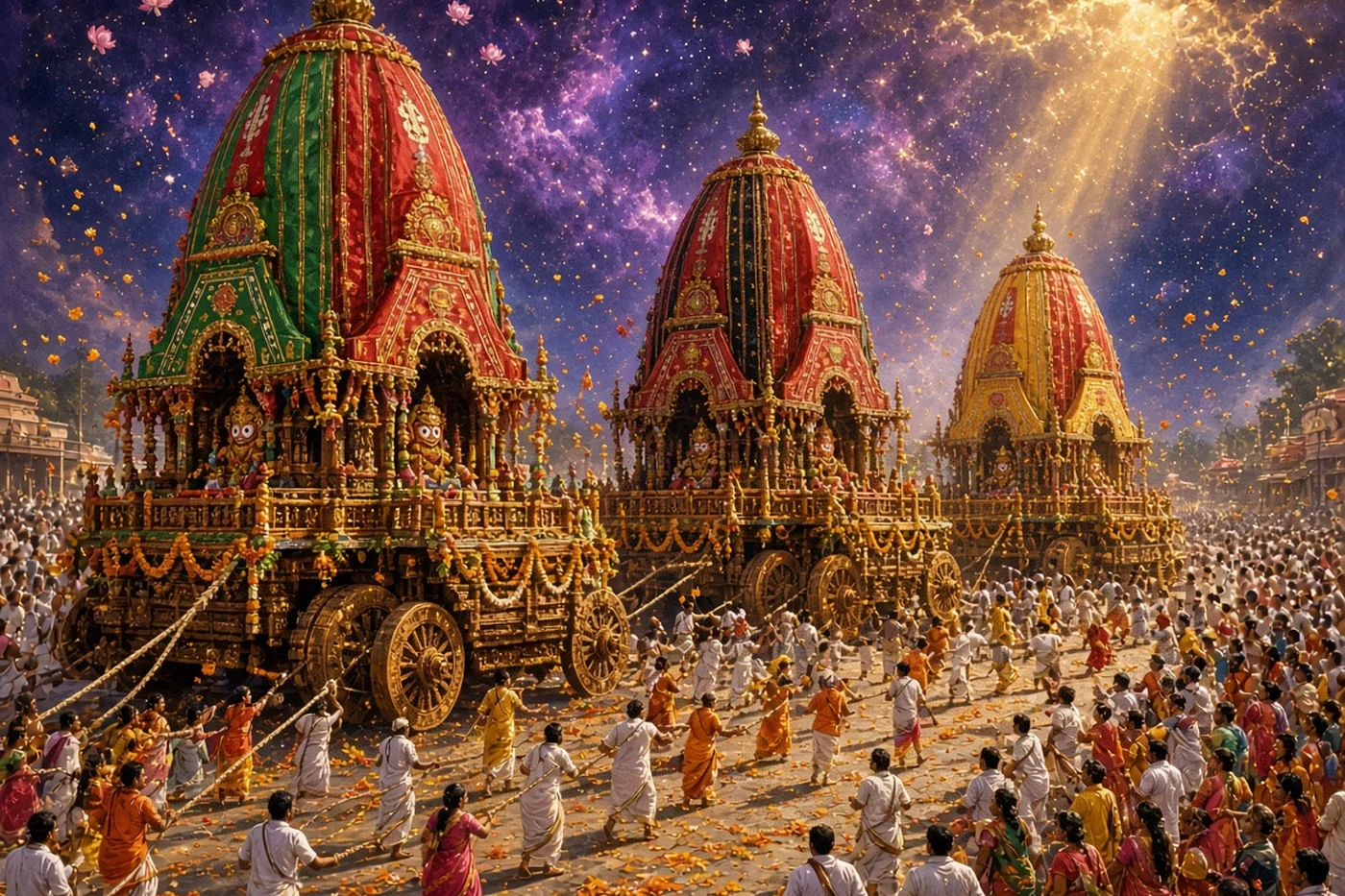 Crowds haul the three great chariots of Puri up the road to the Gundicha temple