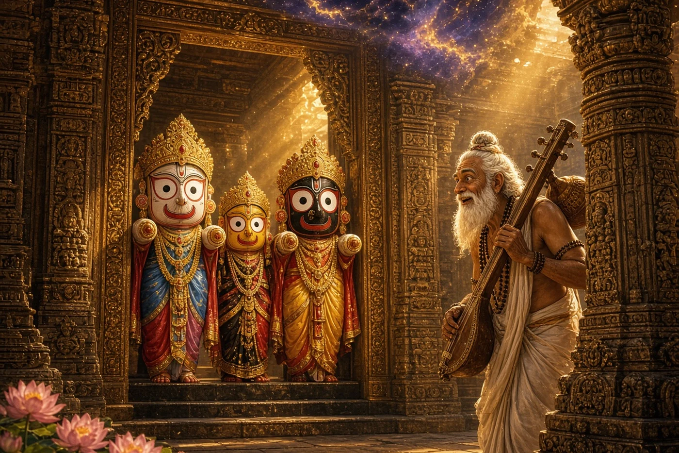 Three round-eyed figures stand still in the doorway as Narada comes upon them