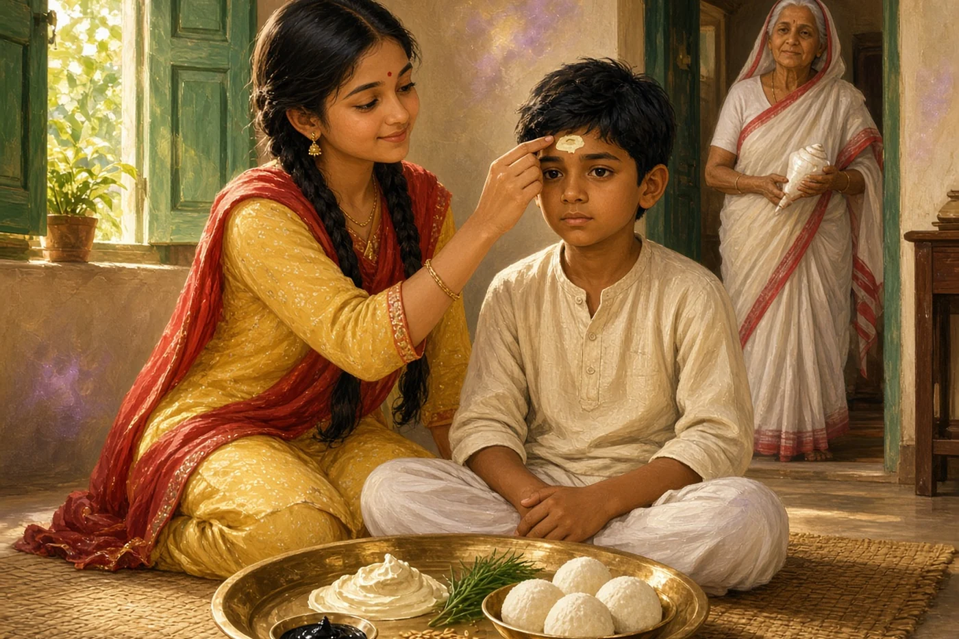 A girl in Kolkata touches sandal paste to her younger brother's forehead