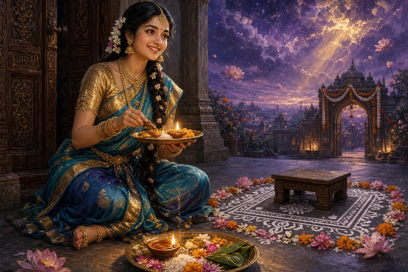 Subhadra sits by her door beside a flower square, refilling a small oil lamp