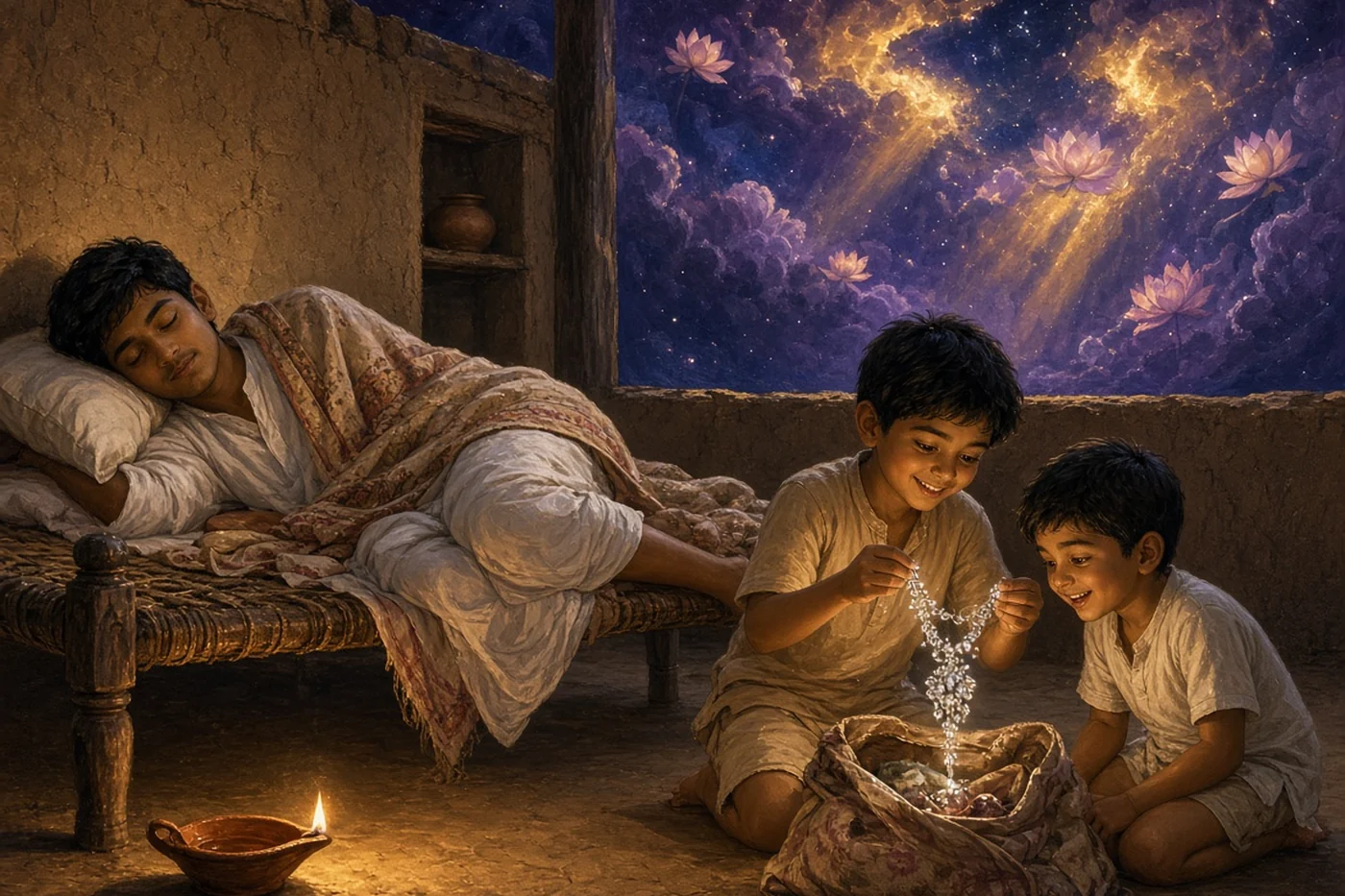 Two small boys find a diamond necklace in their sleeping uncle's bag