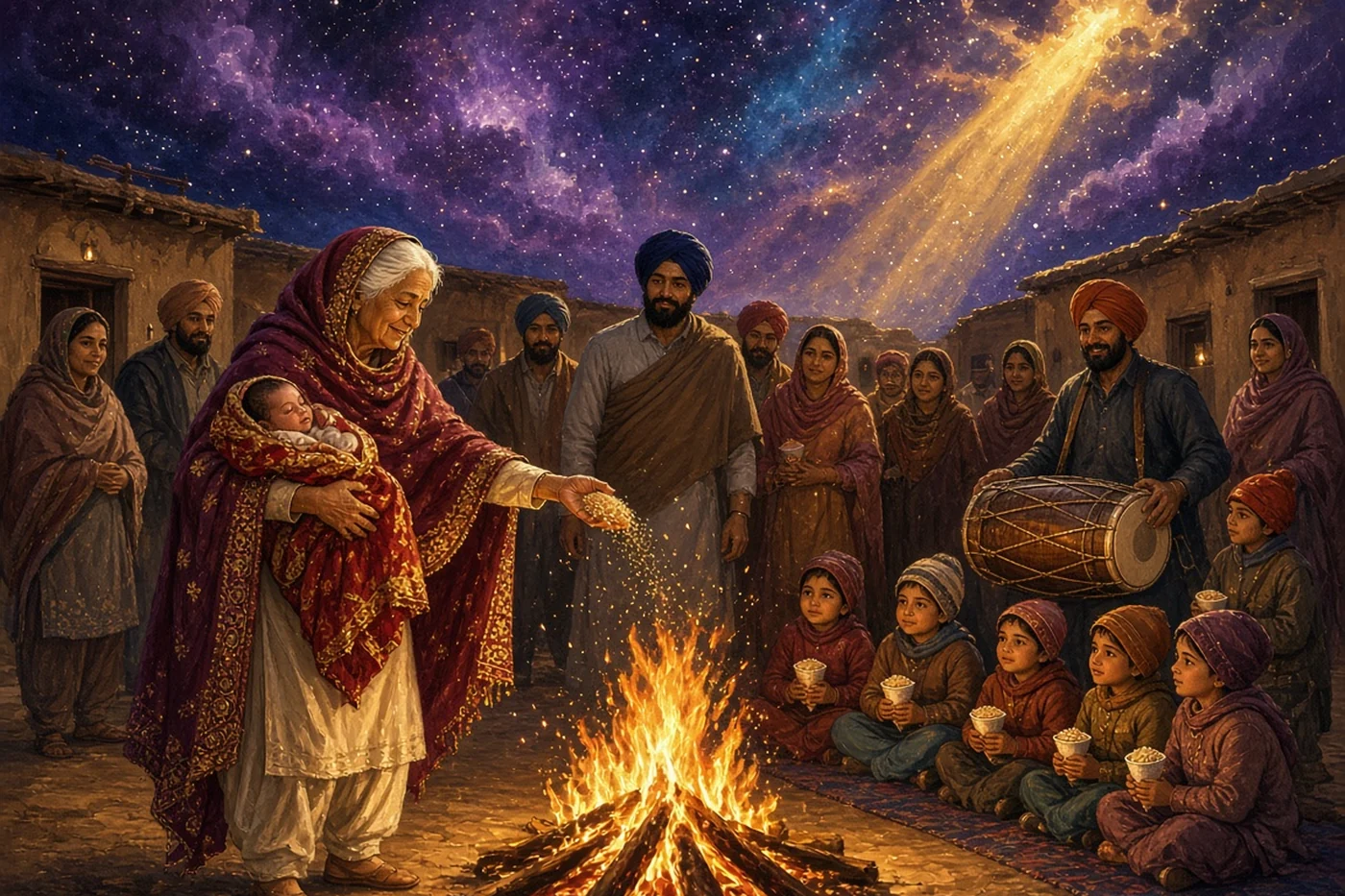 A grandmother carries the new baby round the Lohri fire as the children watch