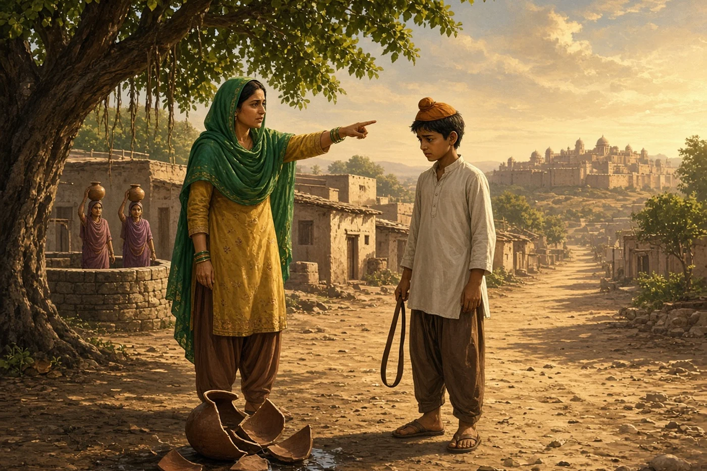 A village woman scolds the boy Dulla beside the clay pitcher his sling broke