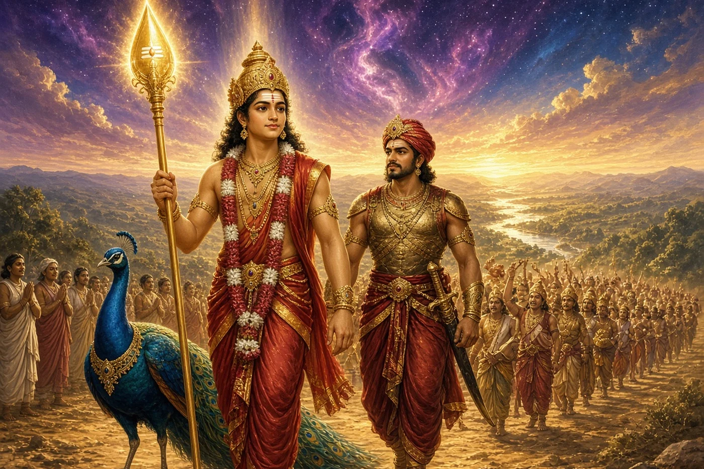 Murugan leads the army of heaven south, the shining Vel held point upward
