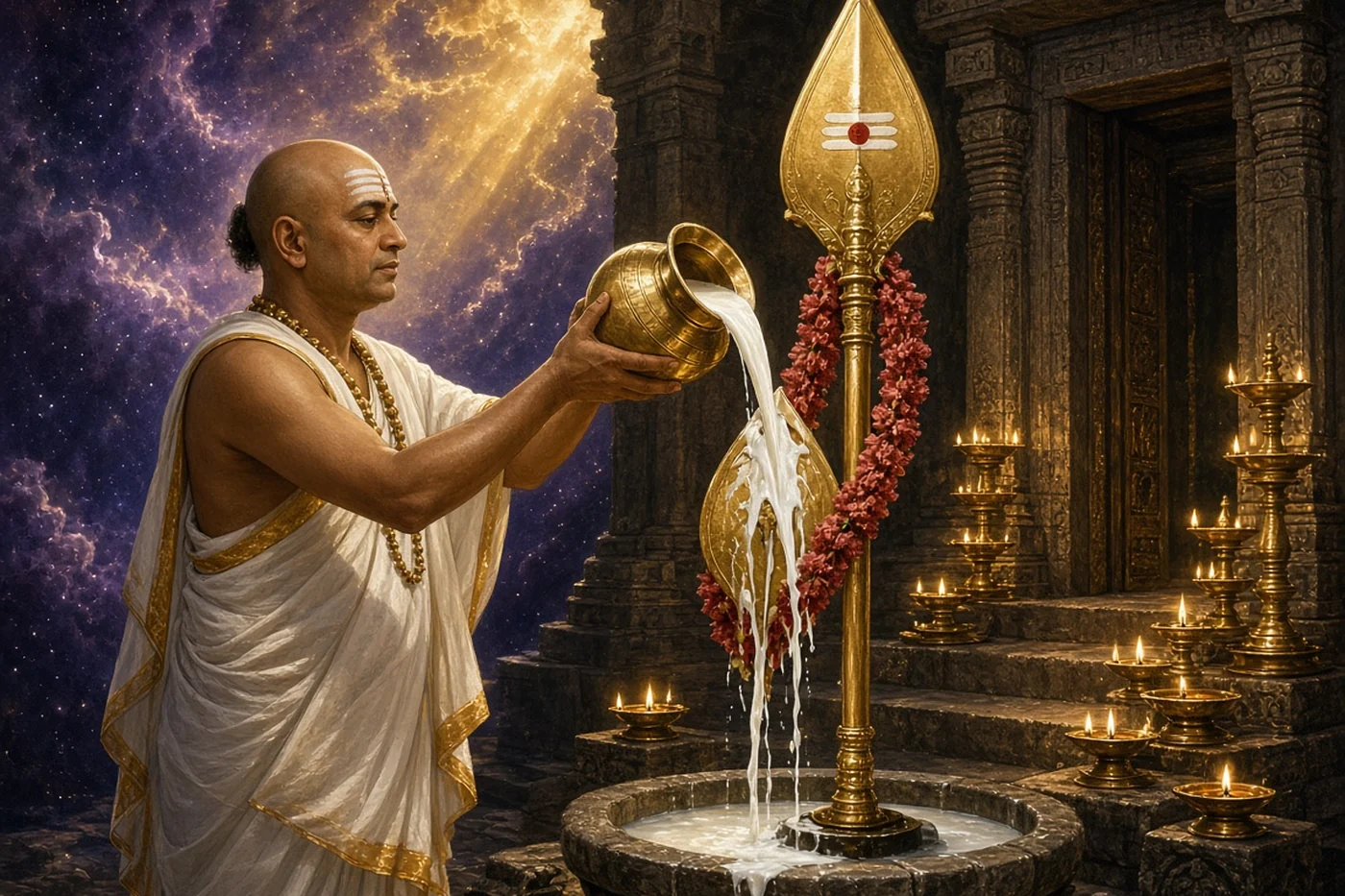 A priest pours milk over the golden Vel standing alone in a lamplit sanctum