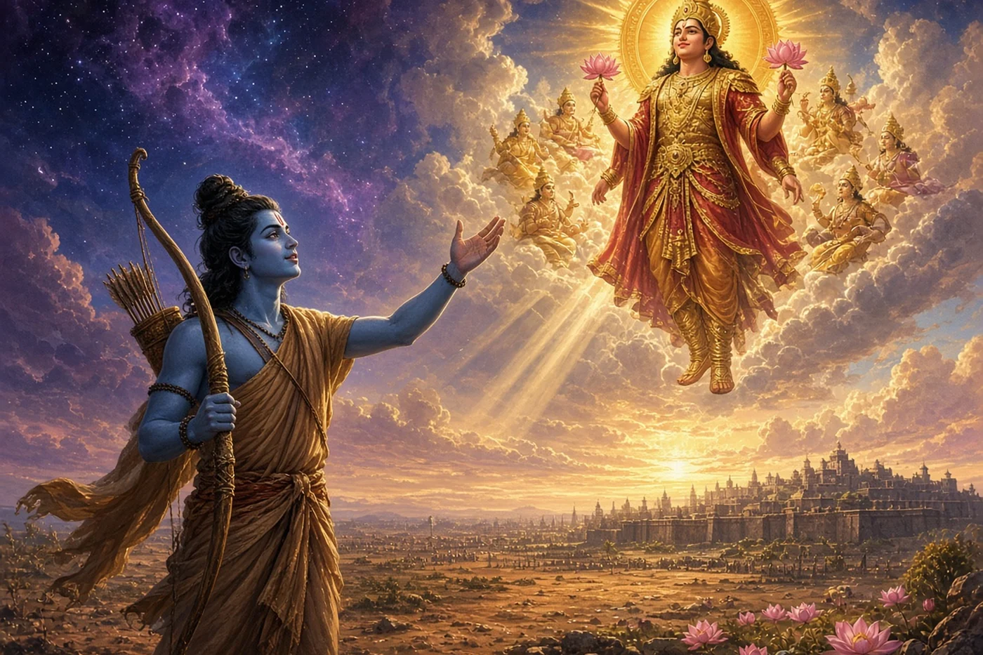 Rama turns his face to the sun and sings the hymn on the field at Lanka