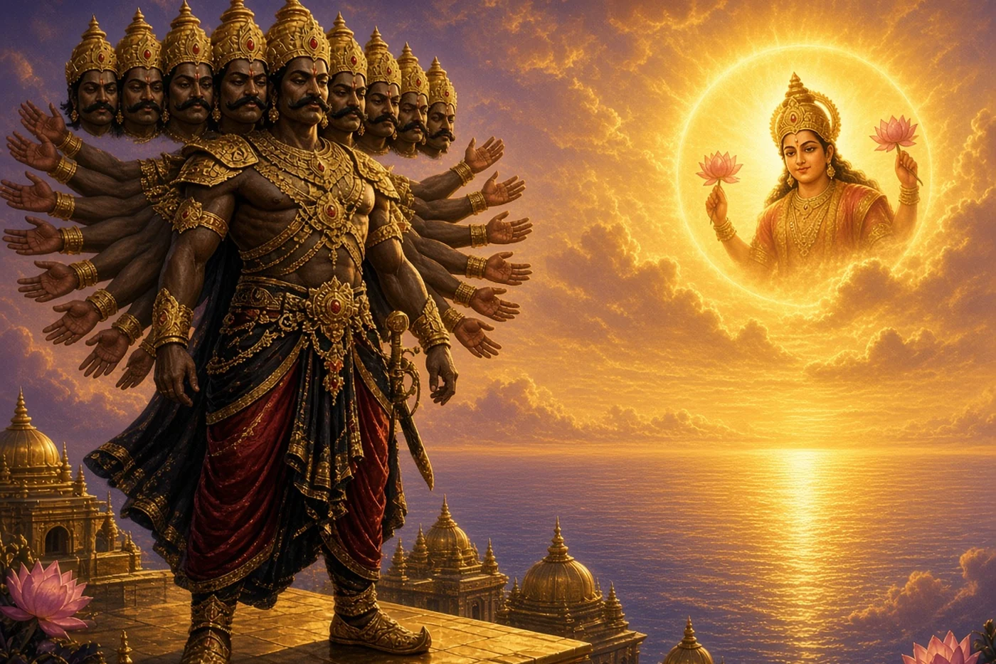Ravana stands on his palace roof and pushes against the rising sun
