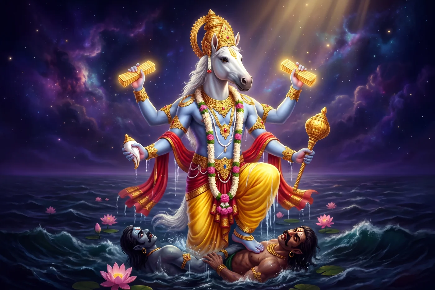 Vishnu with a white horse's head lifts the Vedas out of the water