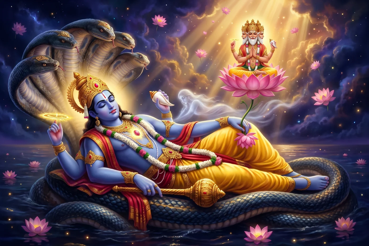 Vishnu sleeps on the serpent over the dark waters while Brahma sits on the lotus and two demons rise beside him