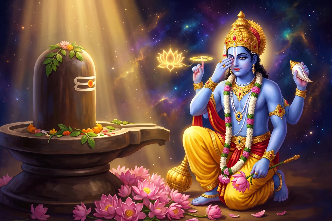 Vishnu kneels before the linga at Kashi beside a heap of lotuses, reaching to his own eye, as Shiva appears in light