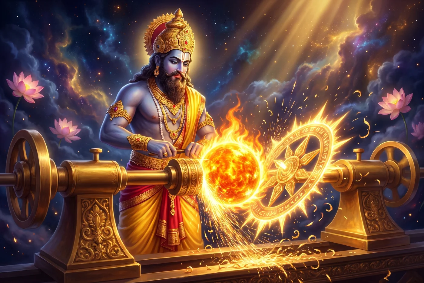 Vishvakarma at his lathe grinds the blazing sun, the sparks becoming a golden discus