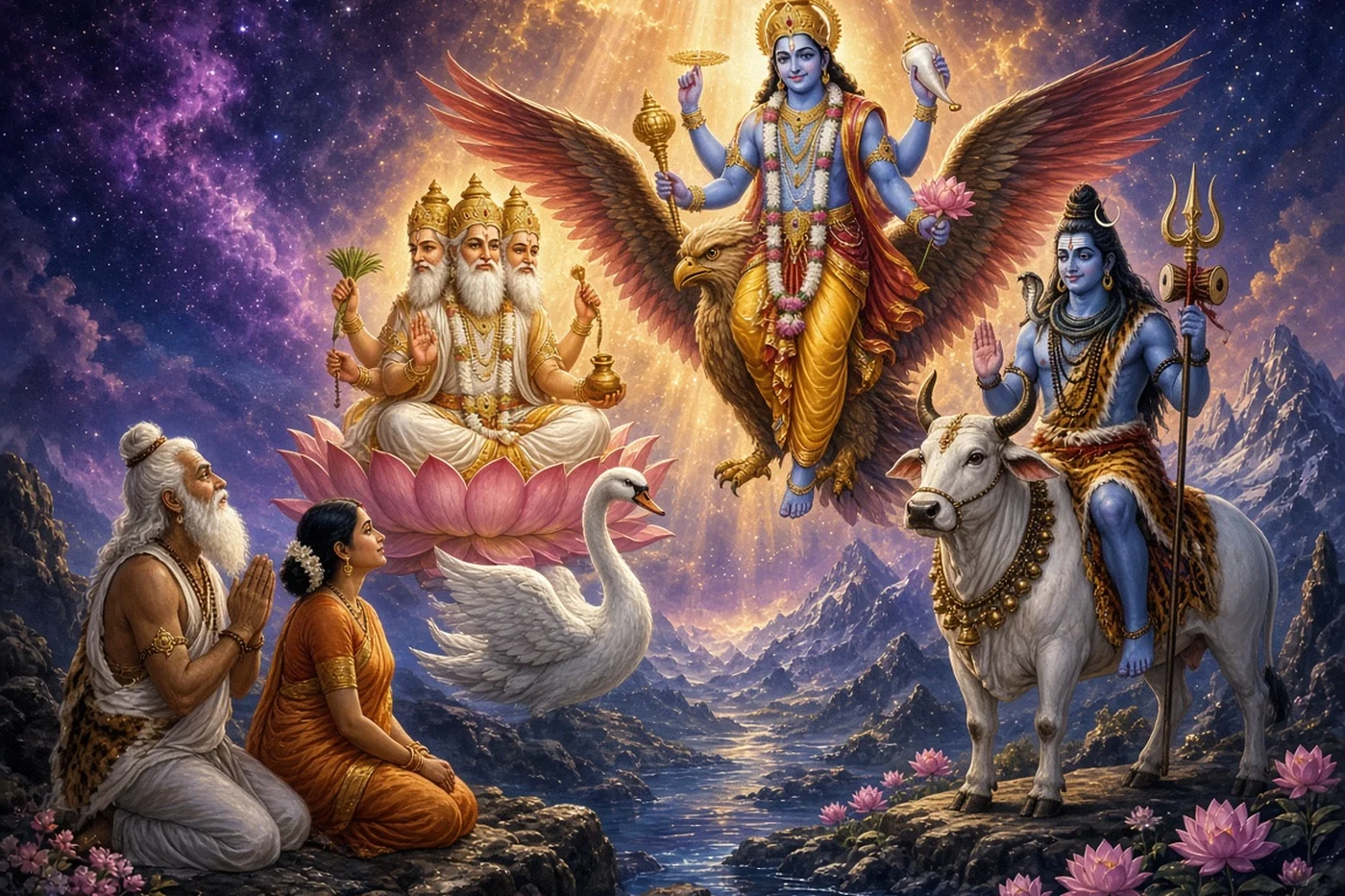 Brahma on his swan, Vishnu on Garuda and Shiva on his bull appear before Atri