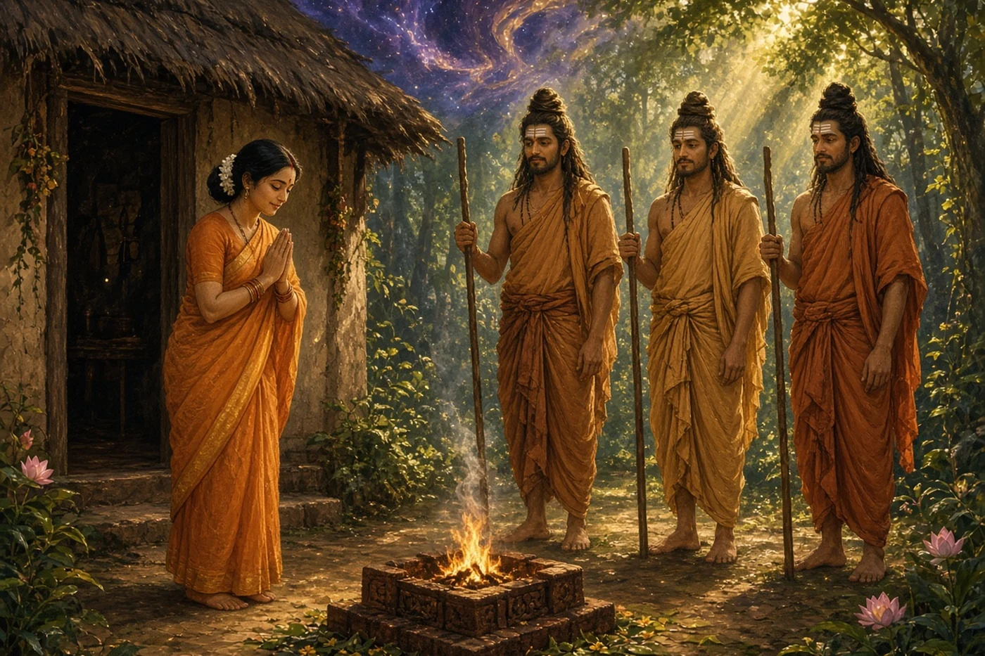 Anasuya greets three young ascetics at the door of Atri's hermitage