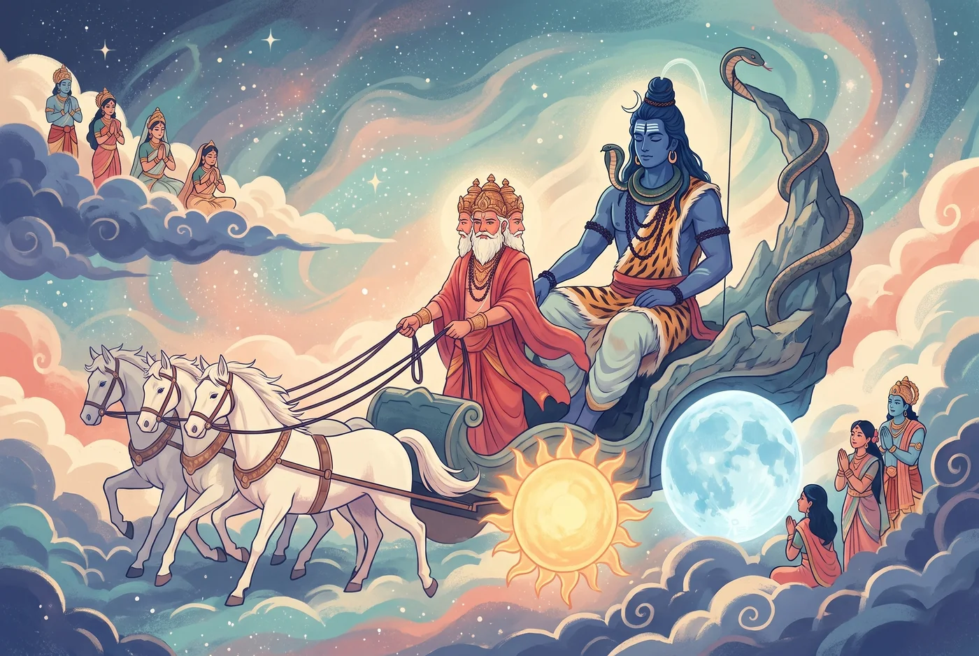 The chariot of the gods: the sun and moon for wheels, Brahma at the reins