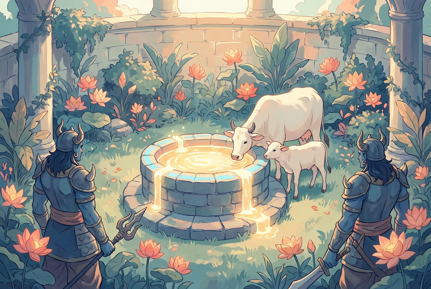A cow and her calf drink the demons' well of nectar dry