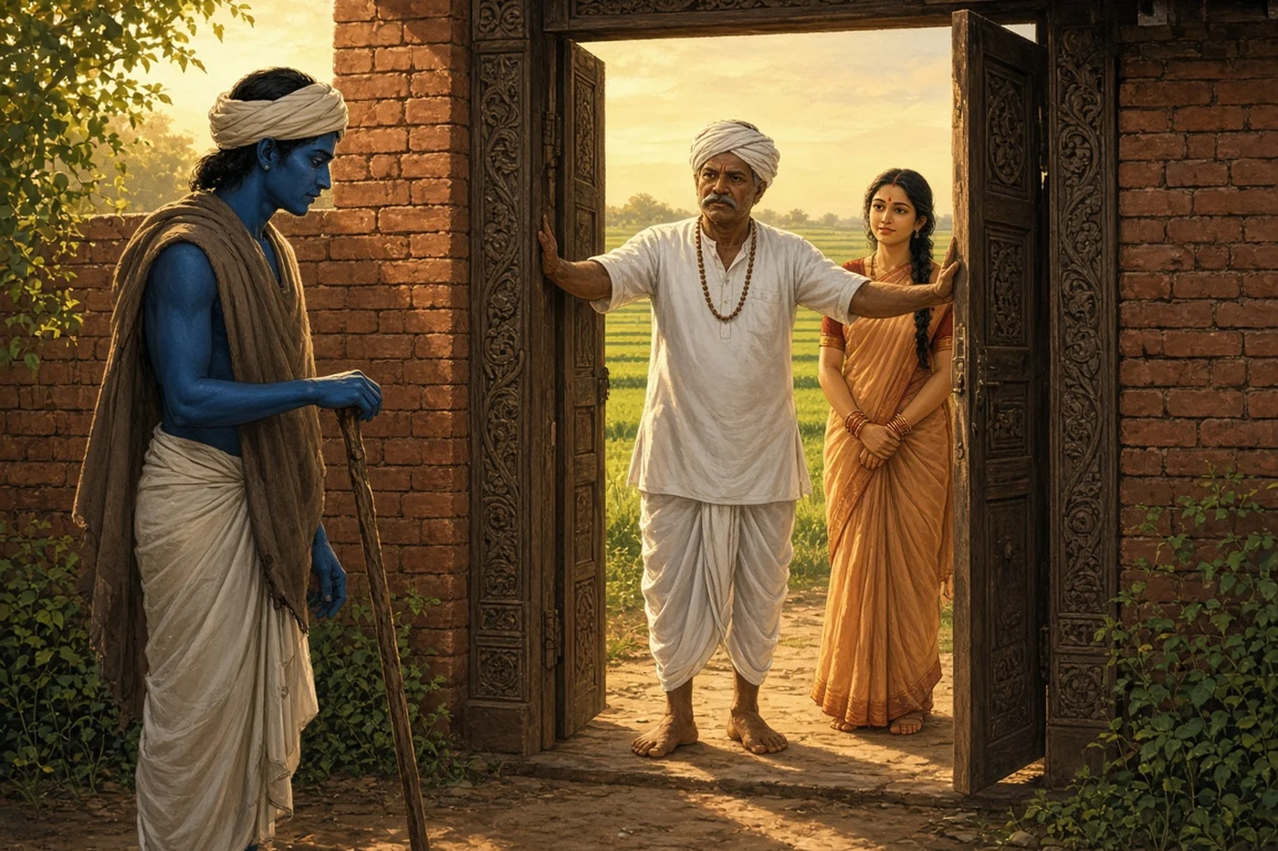 The farmer stands in his gateway and will not let the stranger take her