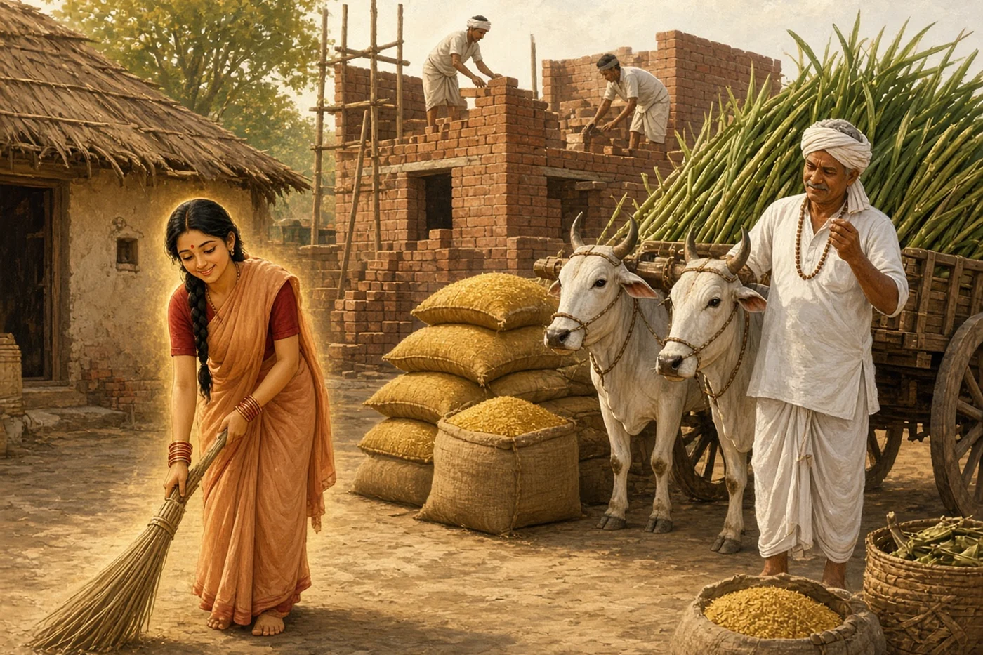 Lakshmi in a plain sari sweeps the courtyard as the farmer's new house rises