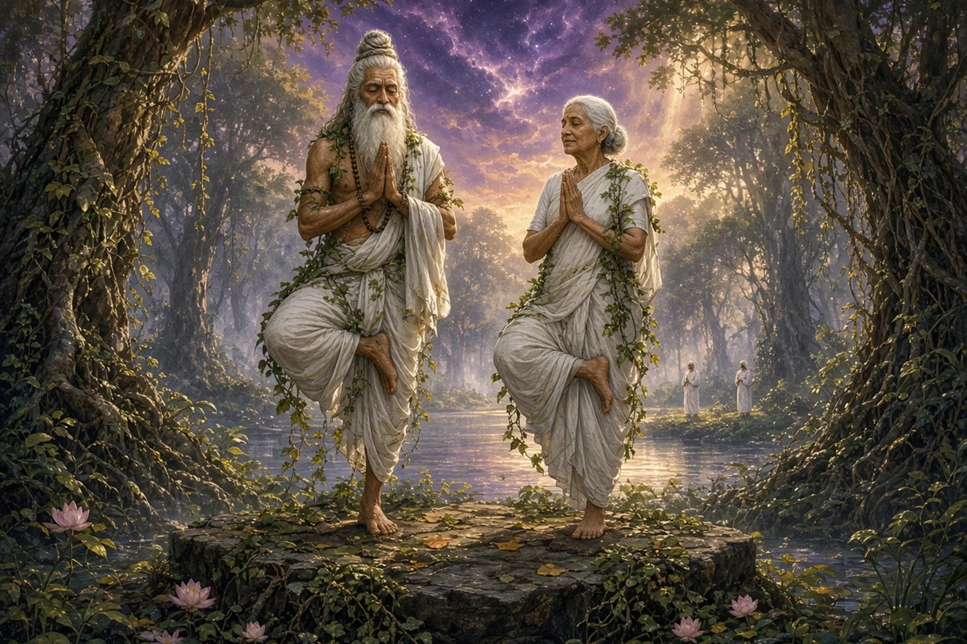 Old Manu and Shatarupa stand on one foot in prayer in the forest