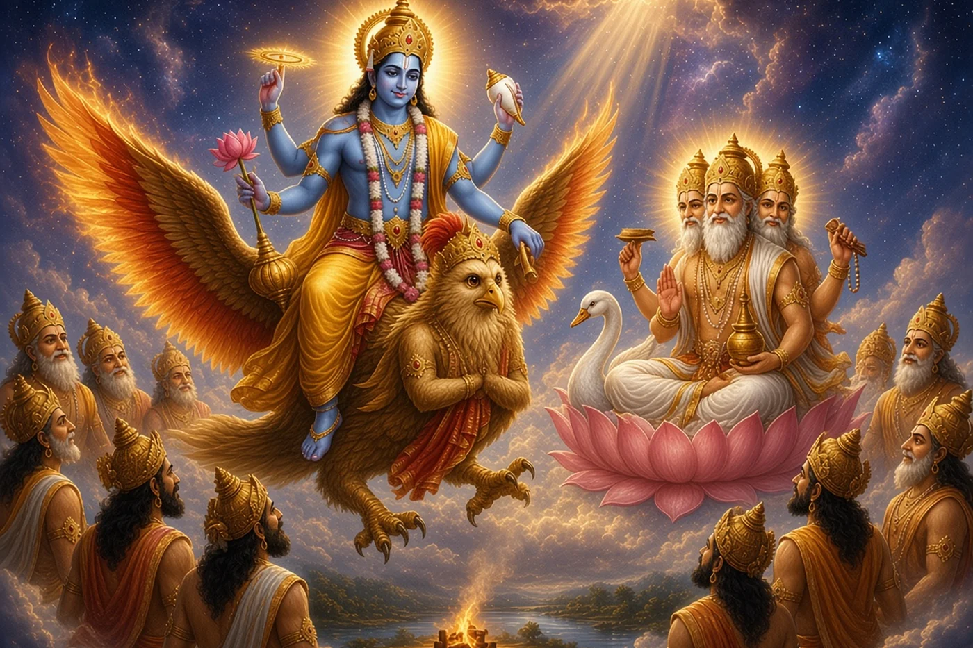 Vishnu rides in on Garuda to the gods and Brahma gathered above the fire