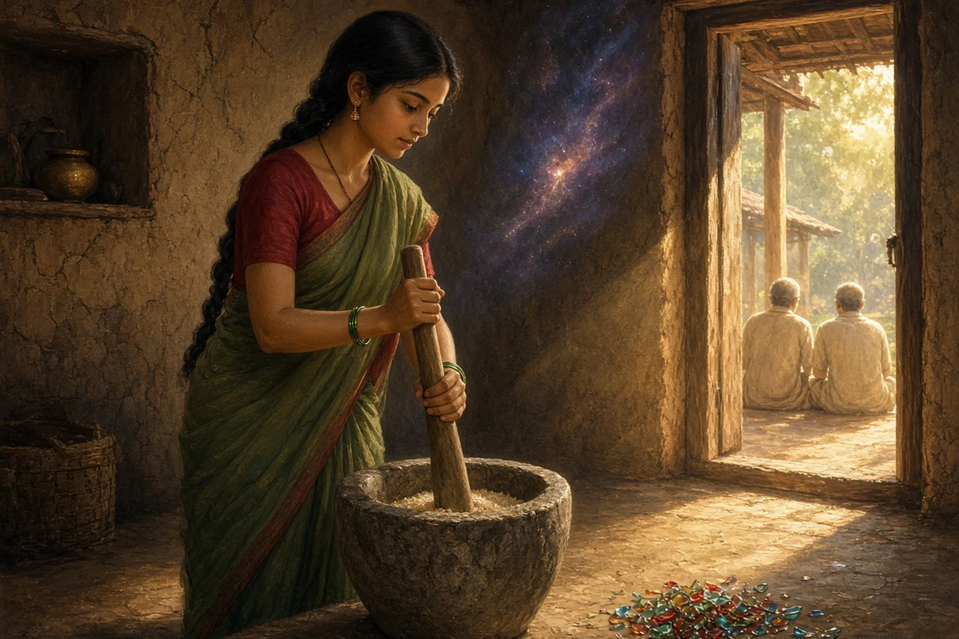 A girl pounds rice wearing a single bangle on each wrist