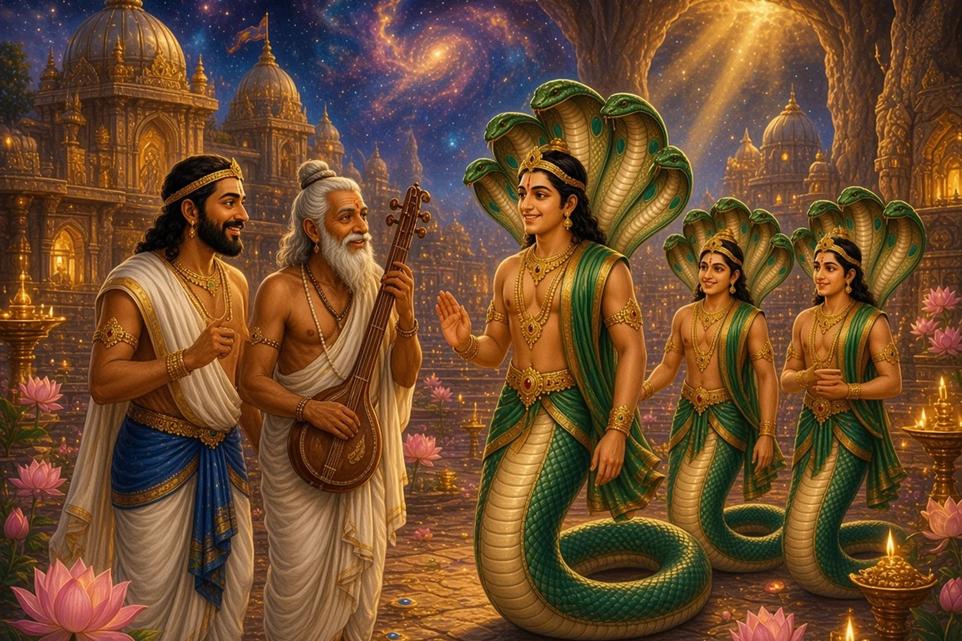In Bhogavati, Matali and Narada catch sight of the young naga Sumukha