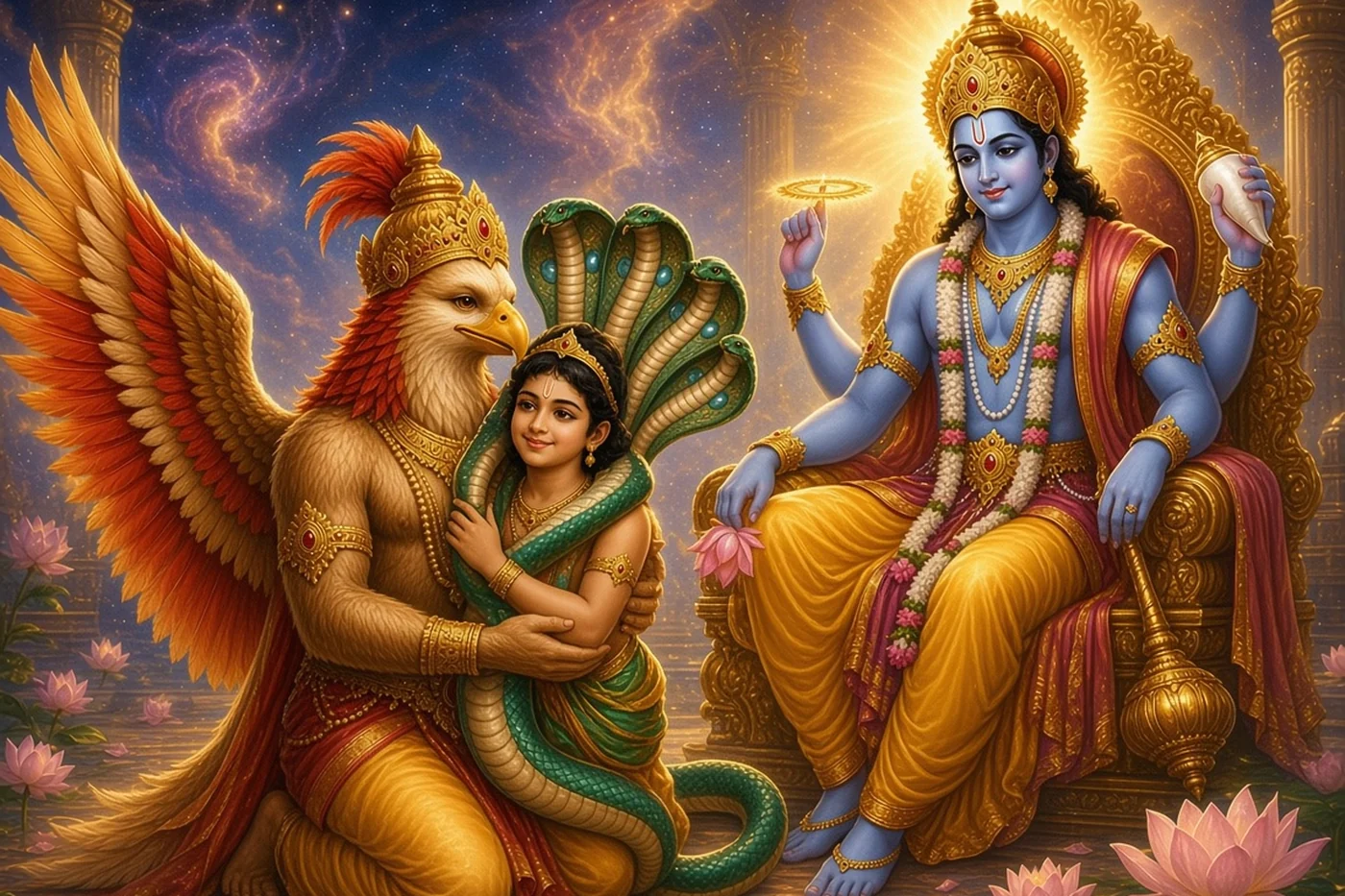 Garuda holds the young naga Sumukha to his breast, the two now friends