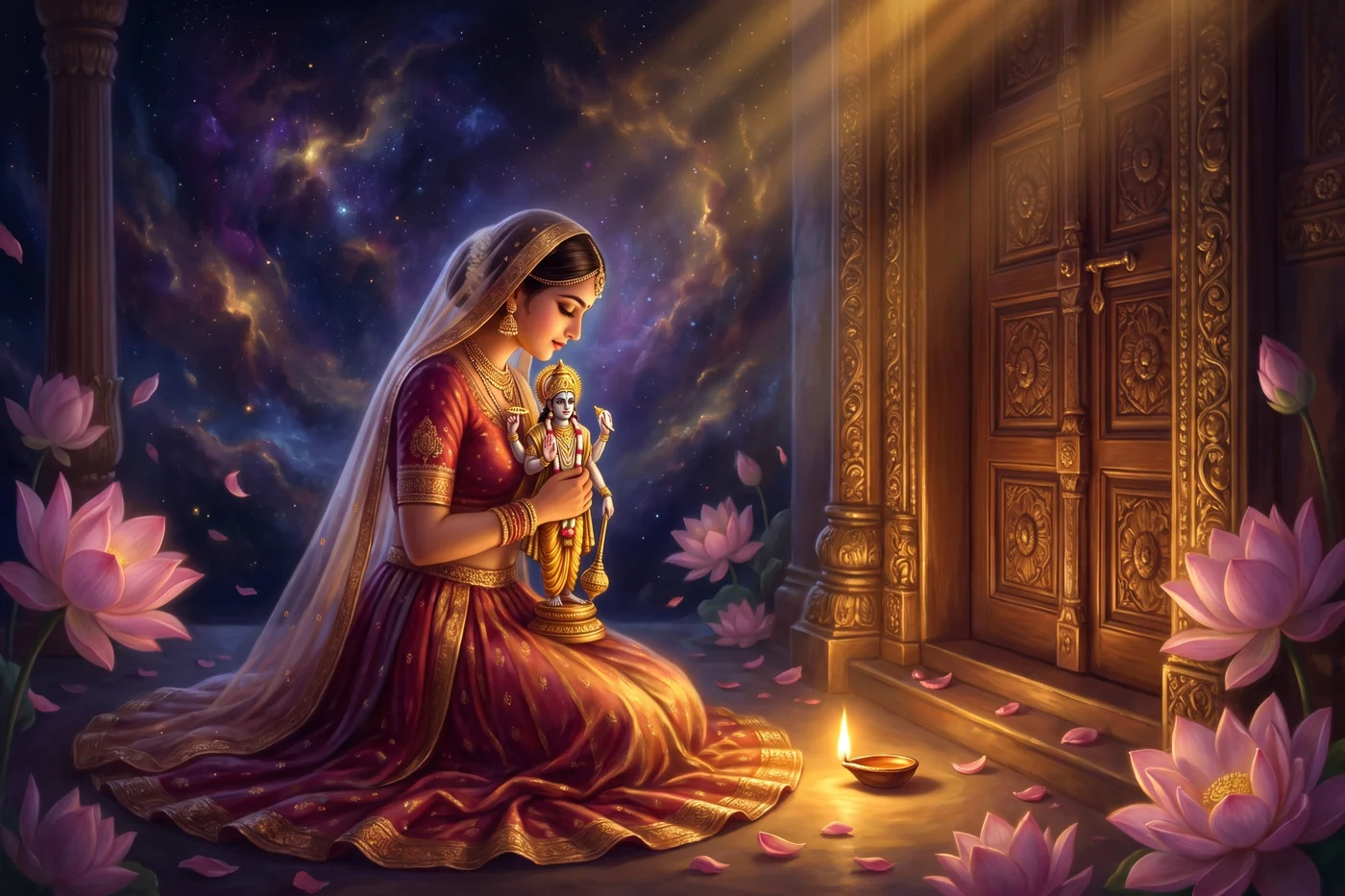 The Sultan's daughter kneels at the sanctum door in her Delhi court dress, the small golden image in her hands